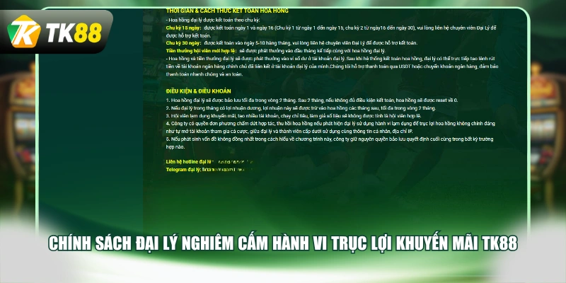 Chính sách đại lý nghiêm cấm hành vi trục lợi khuyến mãi TK88