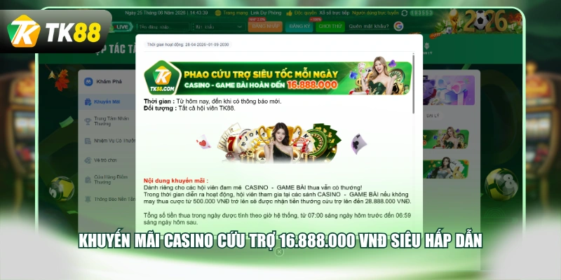 Khuyến mãi Casino cứu trợ 16.888.000 VNĐ siêu hấp dẫn