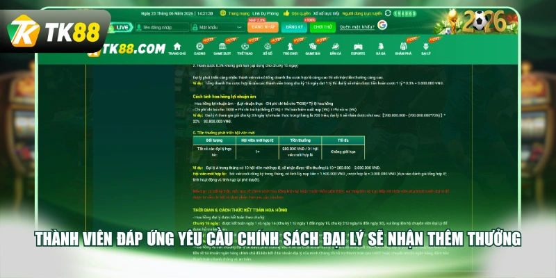 Thành viên đáp ứng yêu cầu chính sách đại lý sẽ nhận thêm thưởng